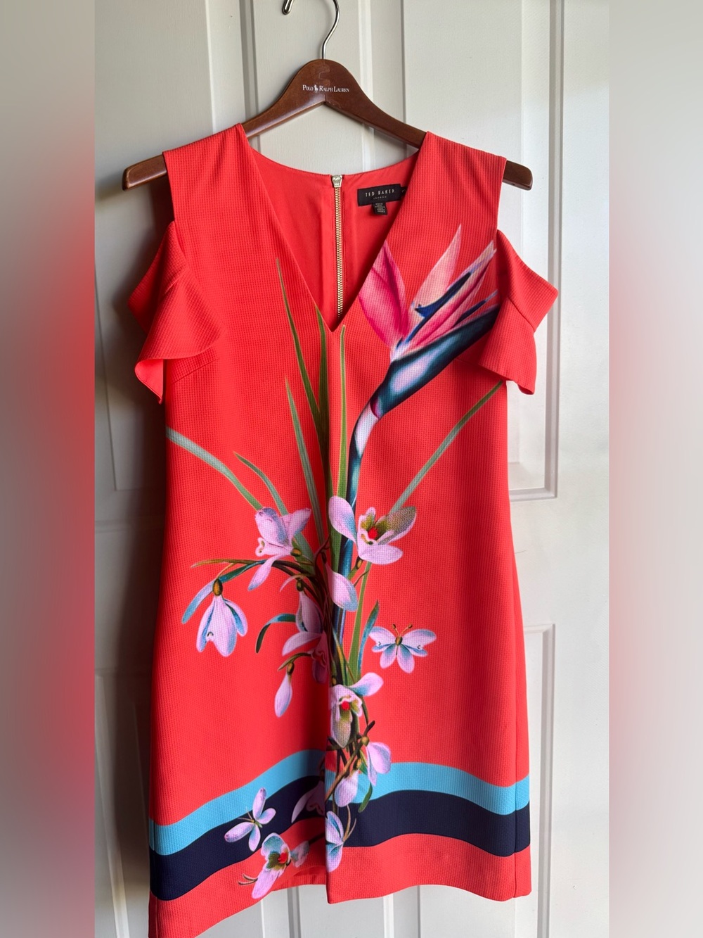 Ted Baker Coral Tropical Floral V-Neck Shift Dress